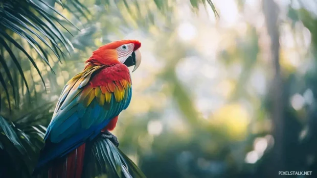 A close up of a parrot colorful feathers with a blurred jungle background.