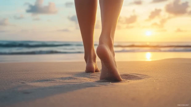 A close up of a person’s feet walking on the sand, with the ocean and sunset in the background.