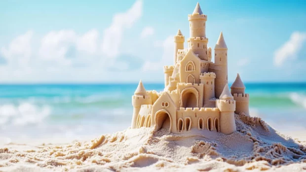 A close up of a sandcastle with intricate details, standing tall on a sunny beach.
