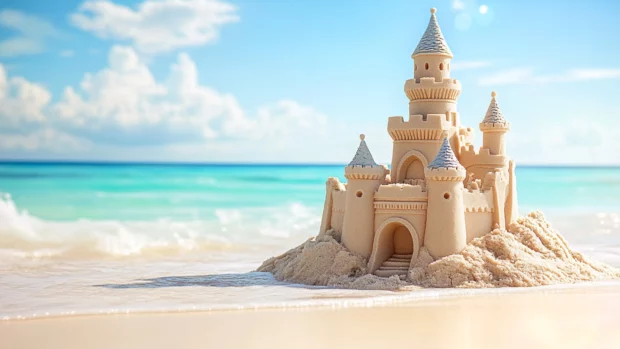 A close up of a sandcastle with intricate details, standing tall on a sunny beach.