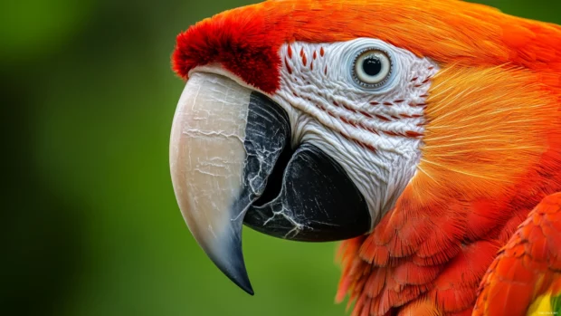 A close up of a scarlet macaw face and beak, with intricate feather details and a blurred green backdrop.