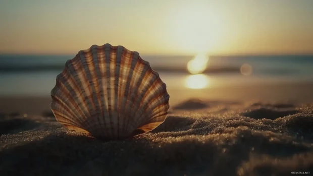 A close up of a seashell on the sand, with the rising sun creating a warm .