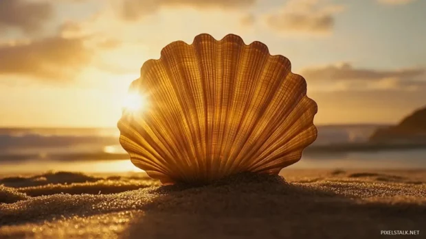 A close up of a seashell on the sand, with the rising sun creating a warm and inviting atmosphere.