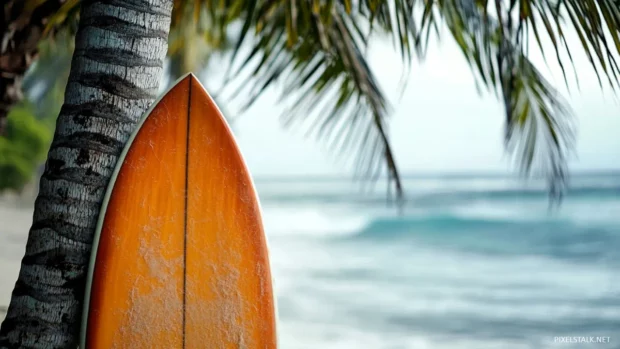 A close up of a surfboard leaning against a palm tree, with a blurred ocean background.