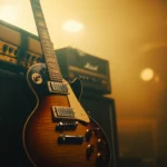 A close up of a vintage electric guitar resting against a stack of amplifiers, with warm lighting creating a moody and gritty rock atmosphere.