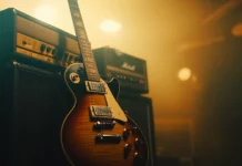 A close up of a vintage electric guitar resting against a stack of amplifiers, with warm lighting creating a moody and gritty rock atmosphere.
