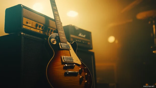 A close up of a vintage electric guitar resting against a stack of amplifiers, with warm lighting creating a moody and gritty rock atmosphere.