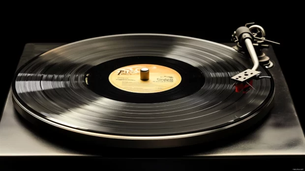 A close up of a vintage vinyl record spinning on a turntable, with soft light reflecting off the grooves.