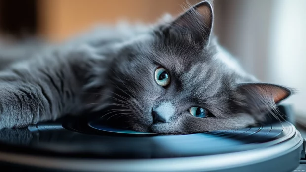 A close up of a vinyl album cover resting on a record player, with the record just beginning to spin and light softly reflecting on the surface.
