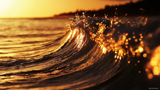 A close up of a wave crashing on the shore with the rising sun .