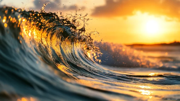 A close up of a wave with the setting sun creating a golden hue on the water.