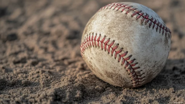 A close up of a worn baseball resting on a dirt field with detailed stitching and texture.