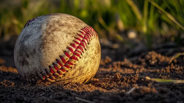 A close up of a worn baseball resting on a dirt field with detailed stitching and texture.
