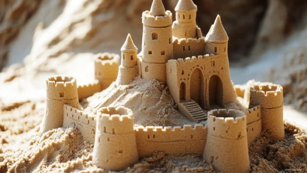 A close up of an intricate sandcastle standing tall on a sunny beach.