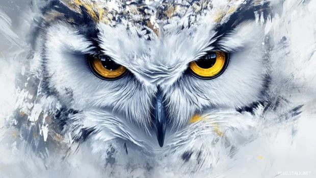 A close up of an owl with golden eyes surrounded by painterly snow swirls.