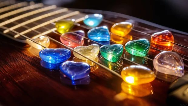 A close up of colorful guitar picks scattered across the strings of an acoustic guitar, lit by soft ambient lighting.