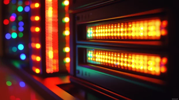 A close up of glowing equalizer bars on a high end audio system, with colorful LED lights reflecting in the background.