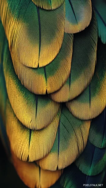 A close up of tail feathers in a swirling pattern, filling the vertical frame with green and gold.