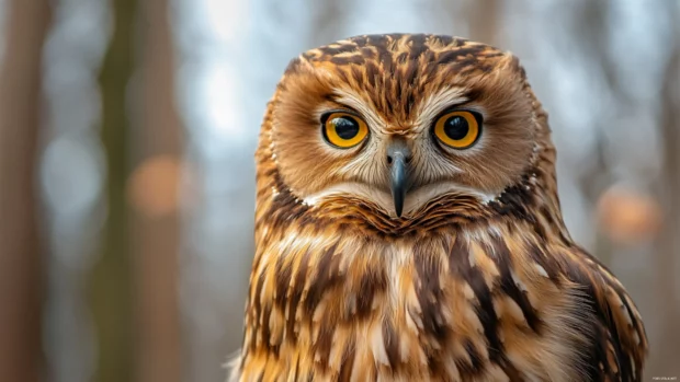 A close up portrait of an owl with rich amber eyes, framed against a blurred winter forest.