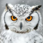 A close up portrait of an owl with rich amber eyes, framed against a blurred winter forest.