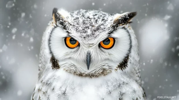 A close up portrait of an owl with rich amber eyes, framed against a blurred winter forest.