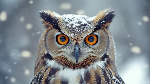 A close up portrait of an owl with rich amber eyes, framed against a blurred winter forest.