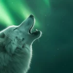 A close up profile of a white wolf mid howl with auroras faintly glowing above.