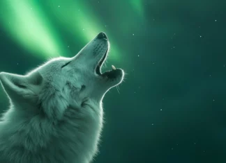 A close up profile of a white wolf mid howl with auroras faintly glowing above.