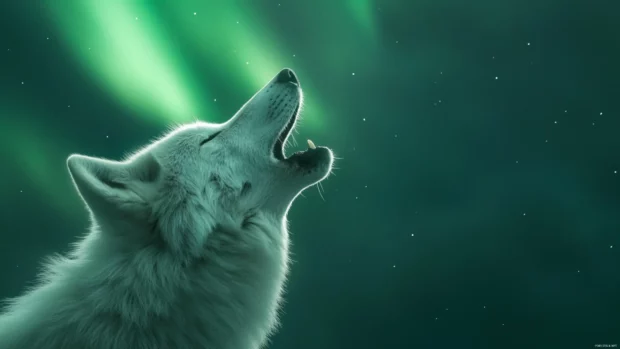 A close up profile of a white wolf mid howl with auroras faintly glowing above.