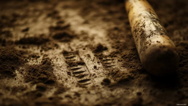 A close up shot of the batter box with footprints, chalk lines, and a bat leaning on the ground.