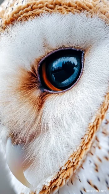 A close up vertical crop of a barn owl eye reflecting the moon.