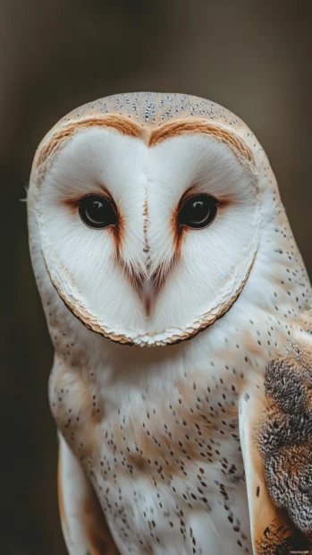A close up vertical portrait of a barn owl face, softly lit against a faded forest.