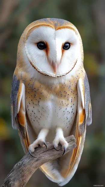 A close up vertical portrait of a barn owl face, softly lit against a faded forest.