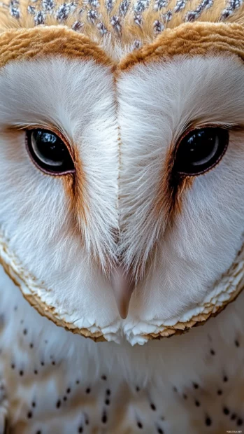 A close up vertical portrait of a barn owl face, softly lit against a faded forest.