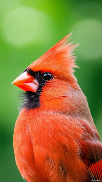 A close up vertical portrait of a cardinal against a blurred green background.