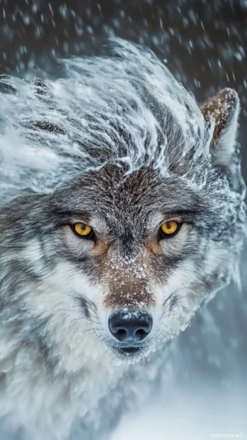 A close up vertical portrait of a furious wolf with fur blowing wildly in the storm.