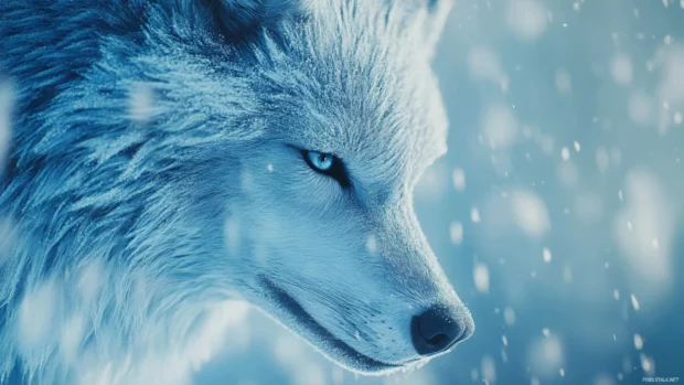 A close up view of a realistic blue wolf with frost covered fur.