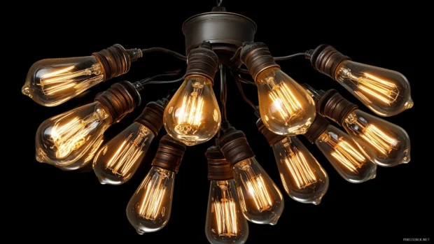 A cluster of vintage Edison bulbs glowing in warm golden tones, with their intricate filaments highlighted.