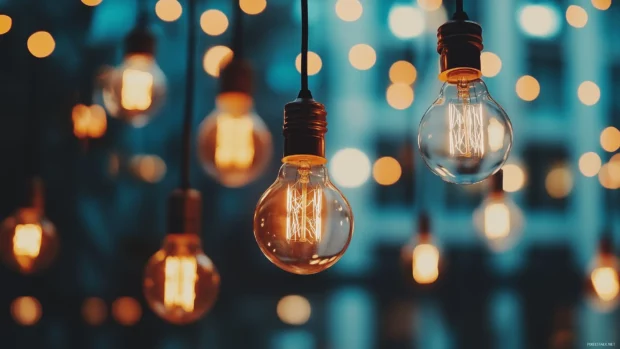 A cluster of vintage Edison bulbs glowing in warm golden tones, with their intricate filaments highlighted.