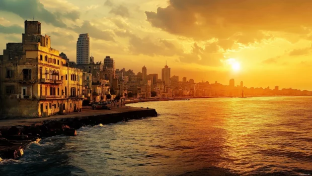 A coastal city with a mix of modern buildings and old world charm, bathed in golden sunset light.