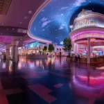 A colorful and lively depiction of Las Vegas nightlife with a focus on the vibrant casino lights, entertainment venues, and dynamic street scenes.