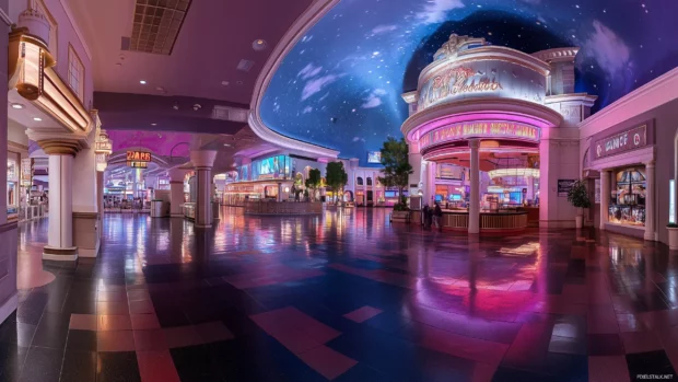 A colorful and lively depiction of Las Vegas nightlife with a focus on the vibrant casino lights, entertainment venues, and dynamic street scenes.