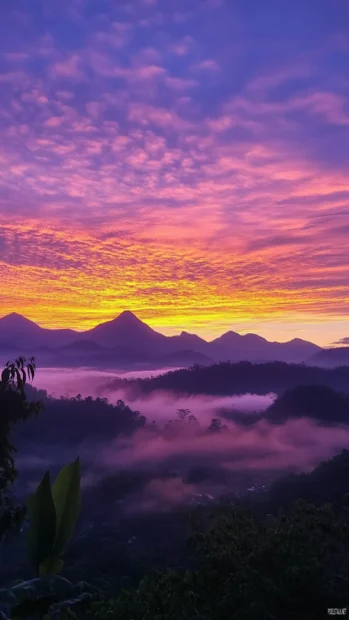 A colorful sky above a scenic view of mountains with morning mist (2).