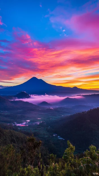 A colorful sky above a scenic view of mountains with morning mist.