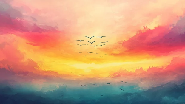 A colorful sky and birds flying in V formation, the essence of a beautiful sunrise wallpaper with birds.