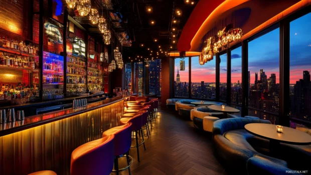 A colorful sunset bathes New York City in warm tones.