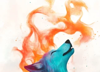A colorful watercolor wolf background with vivid orange flames swirling into the wolf fur.