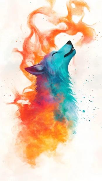 A colorful watercolor wolf background with vivid orange flames swirling into the wolf fur.