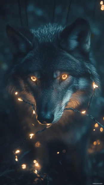 A comic style wolf accidentally wrapped up in fairy lights.