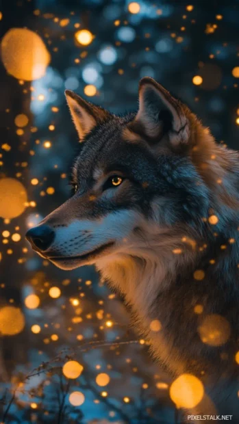 A comic wolf accidentally wrapped up in fairy lights.